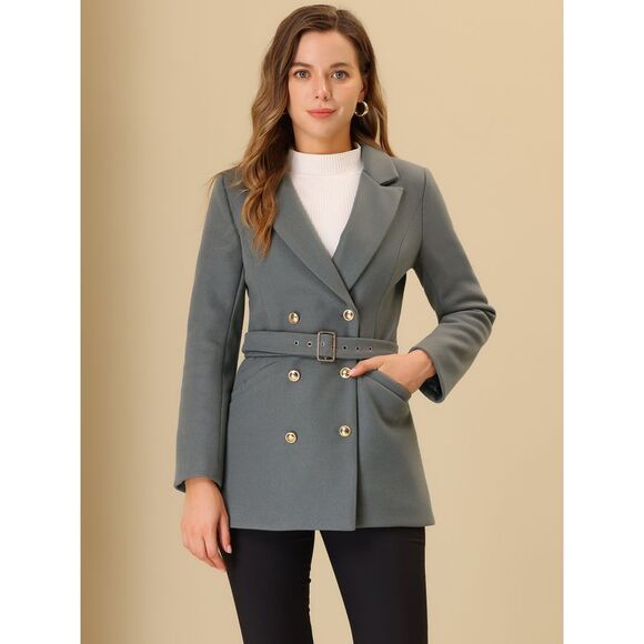 Double Breasted Short Pea Coat Tie Waist Winter Lapel Overcoat with Belt Grey - Picture 2 of 5